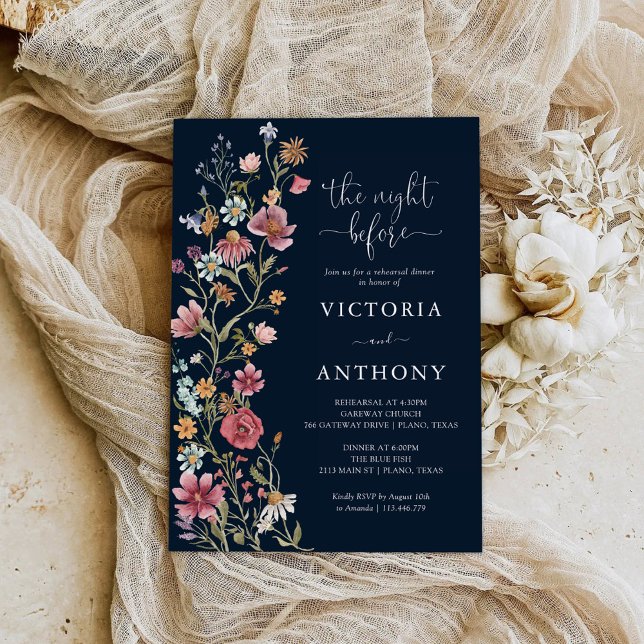 Navy Blue Wildflowers Rehearsal Dinner Invitation (Creator Uploaded)
