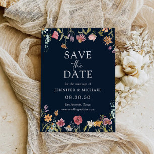 Navy Blue Wildflowers Save The Date Cards