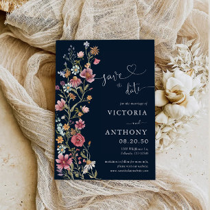Navy Blue Wildflowers Save The Date Cards