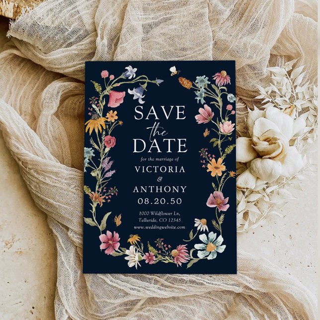 Navy Blue Wildflowers Save The Date Cards (Creator Uploaded)