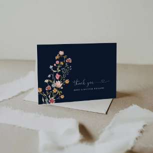 Navy Blue Wildflowers Wedding Flat Thank You Card