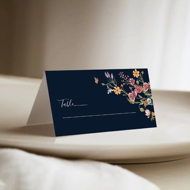 Navy Blue Wildflowers Wedding Folded Place Cards (Creator Uploaded)