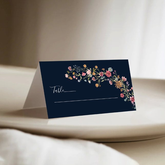 Navy Blue Wildflowers Wedding Folded Place Cards (Creator Uploaded)