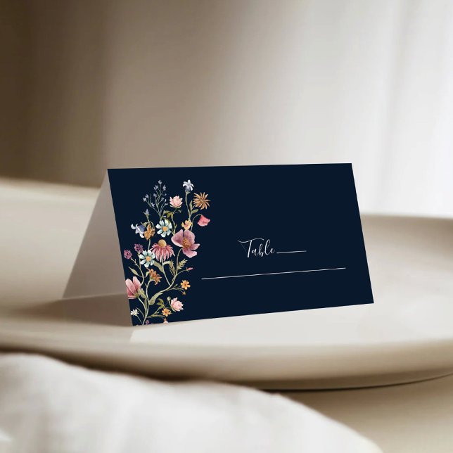Navy Blue Wildflowers Wedding Folded Place Cards (Creator Uploaded)