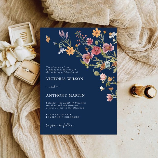 Navy Blue Wildflowers Wedding Invitation (Creator Uploaded)