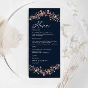 Navy Blue Wildflowers Wedding Menu