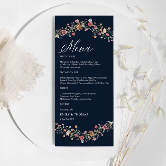 Navy Blue Wildflowers Wedding Menu (Creator Uploaded)