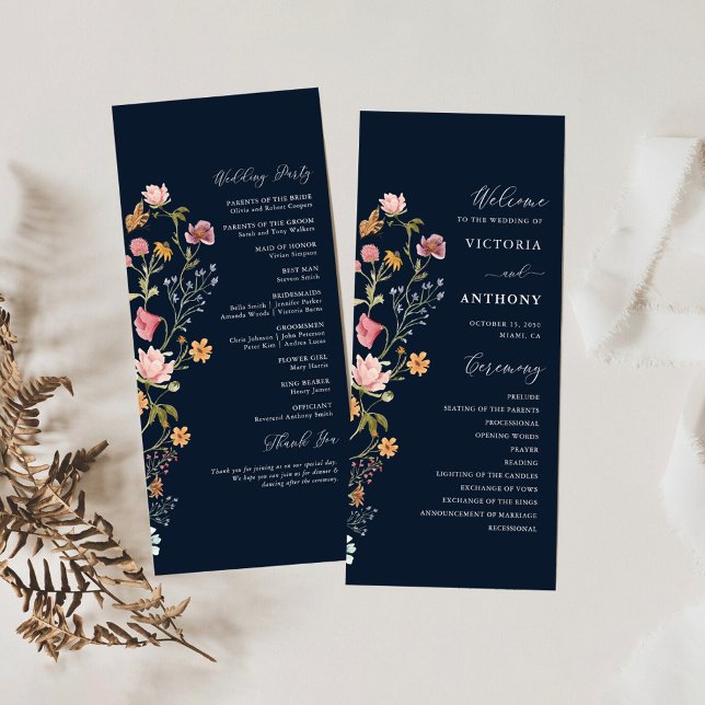 Navy Blue Wildflowers Wedding Program Programme (Creator Uploaded)