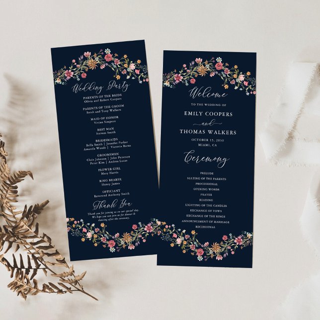 Navy Blue Wildflowers Wedding Program Programme (Creator Uploaded)