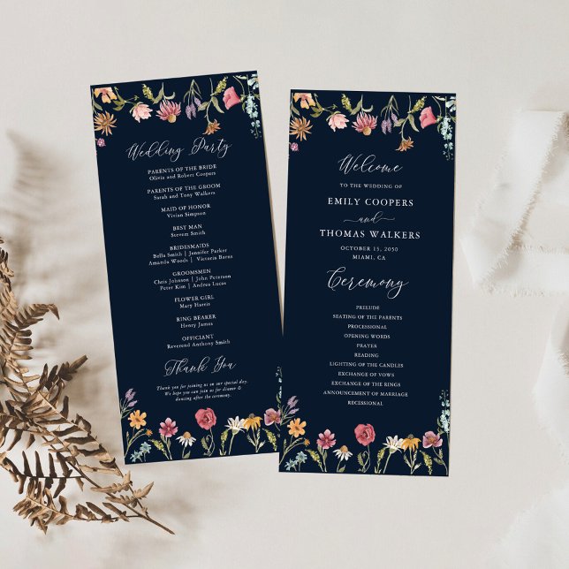 Navy Blue Wildflowers Wedding Program Programme (Creator Uploaded)