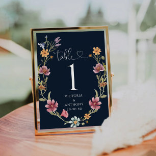 Navy Blue Wildflowers Wedding Table Numbers