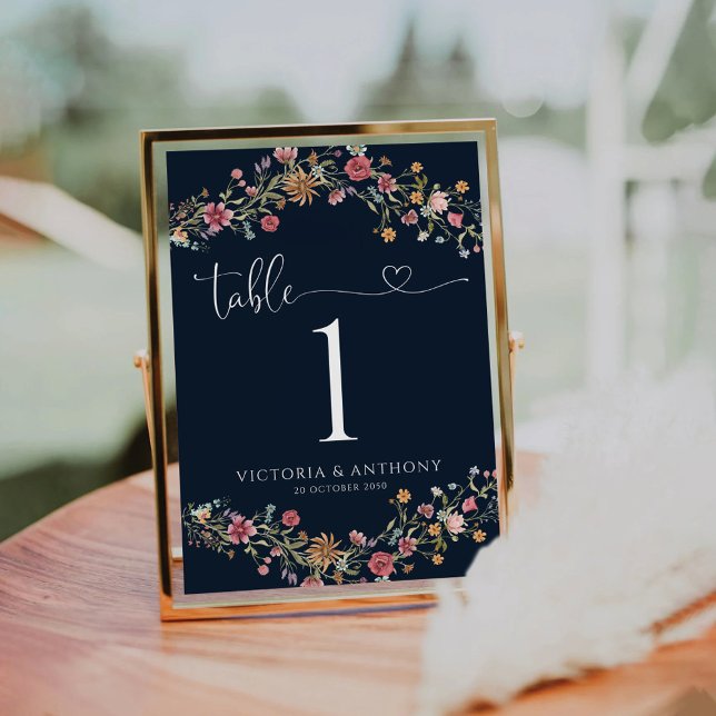 Navy Blue Wildflowers Wedding Table Numbers (Creator Uploaded)
