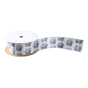 Navy-Blue Wind Sailing Boat 2 Pattern Satin Ribbon