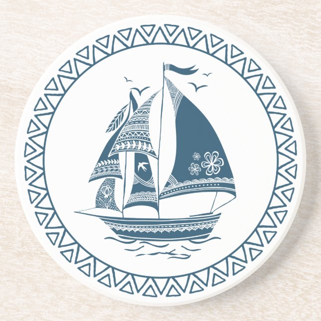 Navy-blue wind sailing boat illustration coaster (Front)