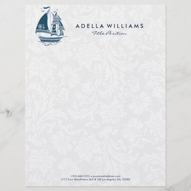 Navy blue wind sailing boat no.2 illustration custom letterhead (Front)