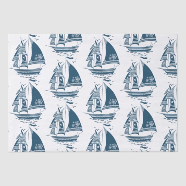 Navy-Blue Wind Sailing Boat Pattern Tissue Paper (Front)