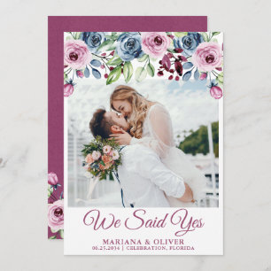 Navy Blue Wine Floral Wedding Announcement