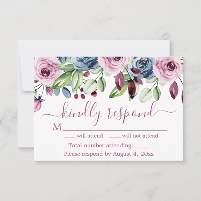 Navy Blue Wine Floral Wedding RSVP Card (Front)