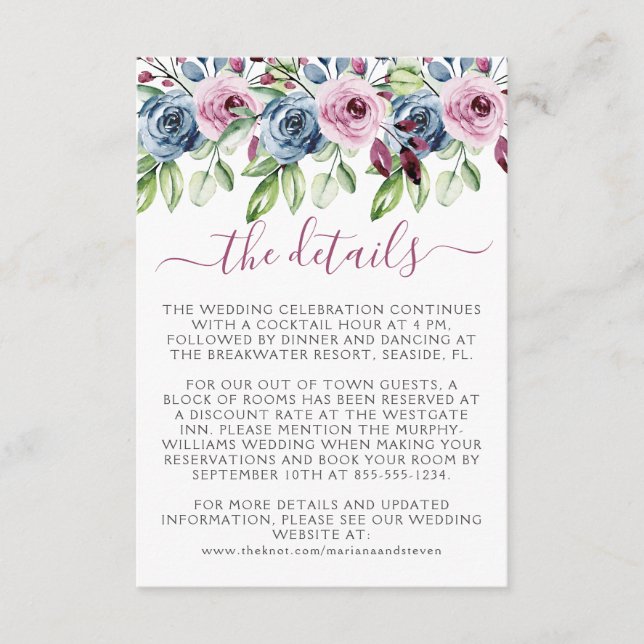 Navy Blue Wine Watercolor Floral Wedding Enclosure Card (Front)