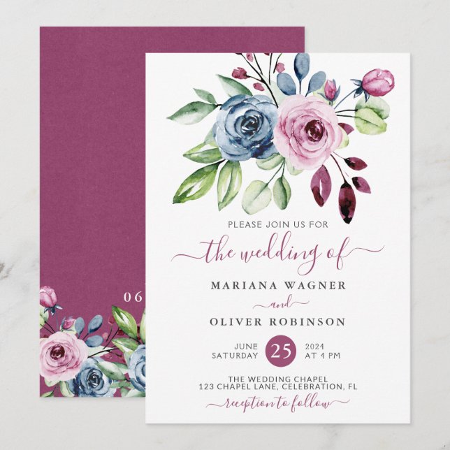 Navy Blue Wine Watercolor Floral Wedding Invitation (Front/Back)