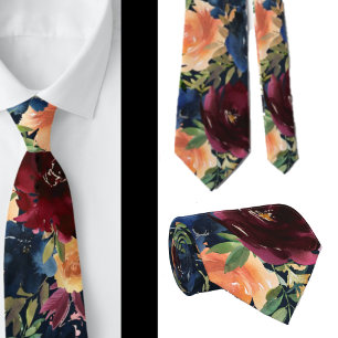Navy Blue Wine Yellow Gold Roses Floral Neck Tie