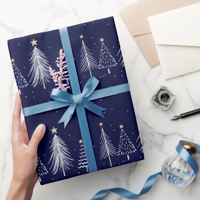 Navy Blue Winter Christmas Pine Trees Pattern   Wrapping Paper (Gifting)