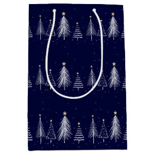 Navy Blue Winter Christmas Pine Trees Star Medium Gift Bag