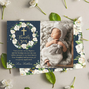 Navy Blue Winter Floral Baptism Thank you Card