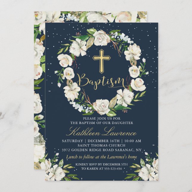 Navy Blue Winter Floral Girl Baptism Invitation (Front/Back)