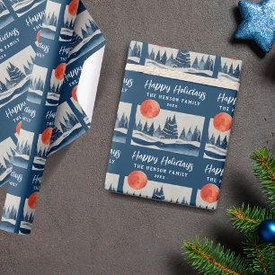 Navy Blue Winter Landscape Forest Moon Drawing Wrapping Paper