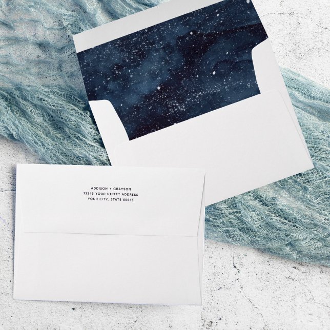 Navy Blue Winter Night Snow Scene Wedding Envelope (Winter wonderland watercolor night sky with snow printed interior envelope with return address.)