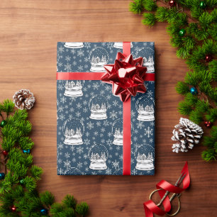 Navy Blue Winter Snow Globe & Cabin Sketch Pattern Wrapping Paper