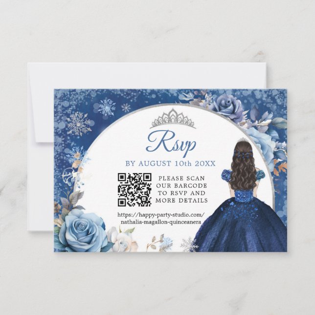 Navy Blue Winter Snowflake Quinceanera QR Code RSVP Card (Front)