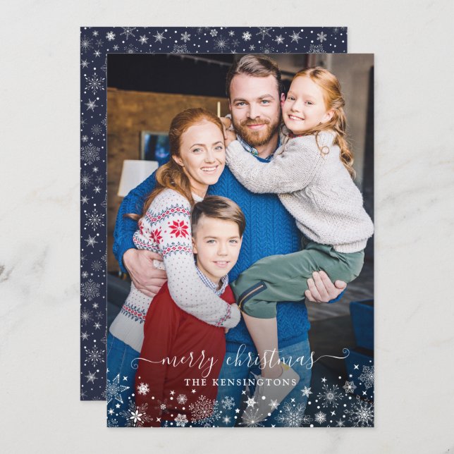 Navy Blue Winter Snowflakes Christmas Photo (Front/Back)