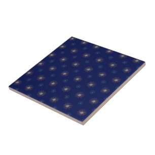 Navy blue with big tan light blue daisies pattern tile