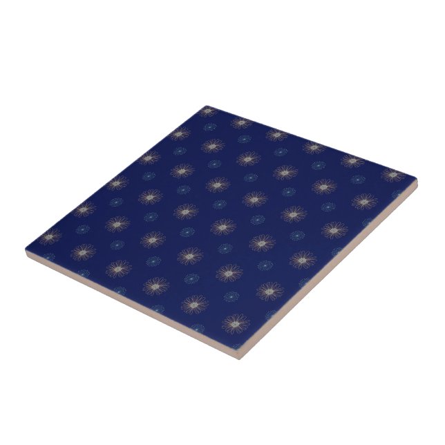 Navy blue with big tan light blue daisies pattern tile (Side)