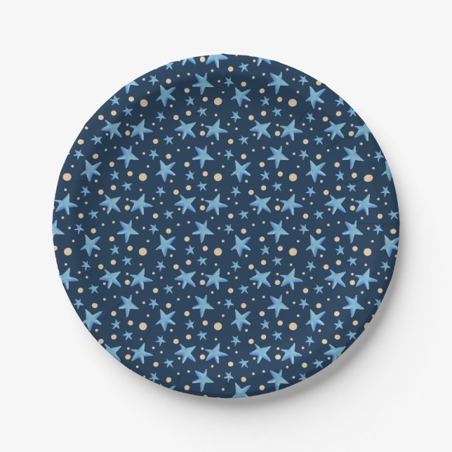 Navy blue with blue stars and yellow dot patterned paper plate (Front)