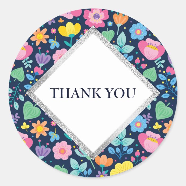 Navy Blue with Cute Flowers Thank You Sticker (Front)