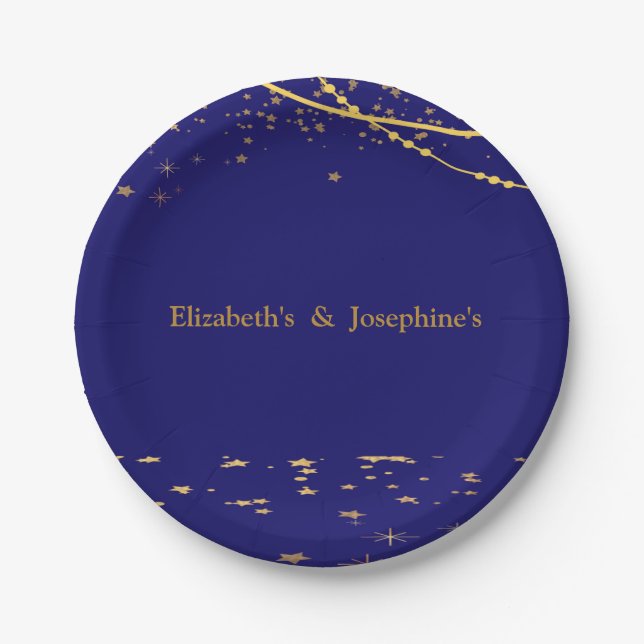  Navy blue with gold stars double joint birthday Paper Plate (Front)