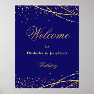 Navy blue with gold stars double joint birthday Poster