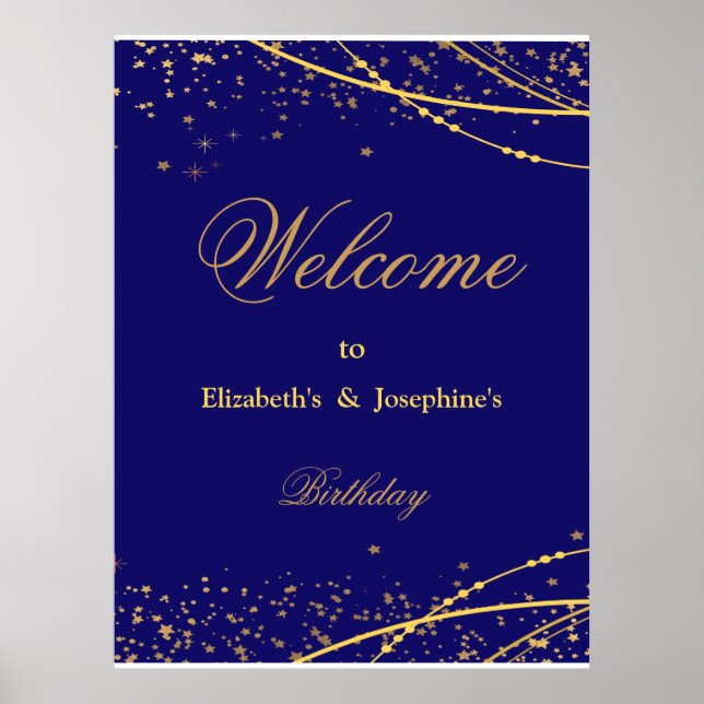  Navy blue with gold stars double joint birthday Poster (Front)