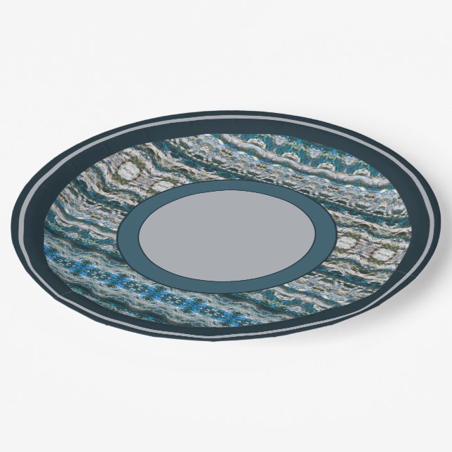 Navy Blue With Grey Patterned Paper Plate (Angled)
