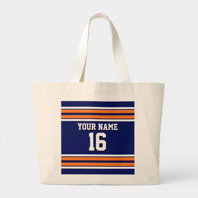 Navy Blue with Orange White Stripes Team Jersey Large Tote Bag (Front)