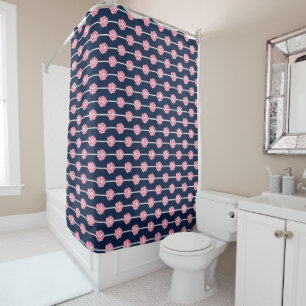 NAVY BLUE WITH PINK FLOWERS SHOWER CURTAIN