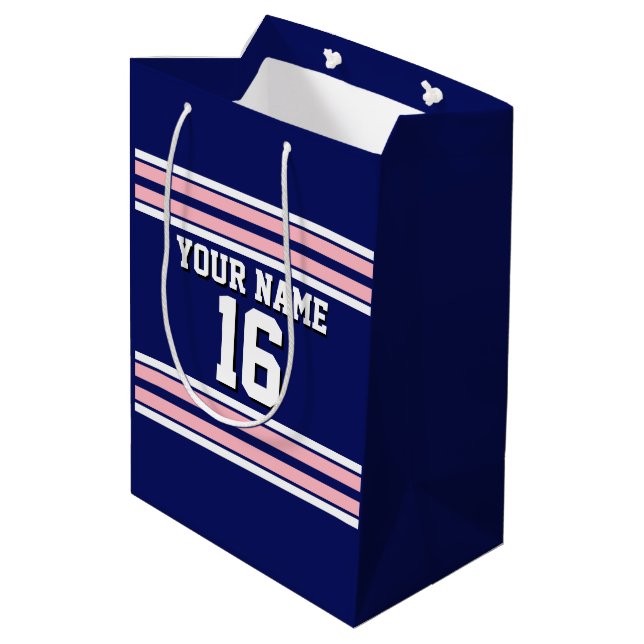 Navy Blue with Pink White Stripes Team Jersey Medium Gift Bag (Back Angled)