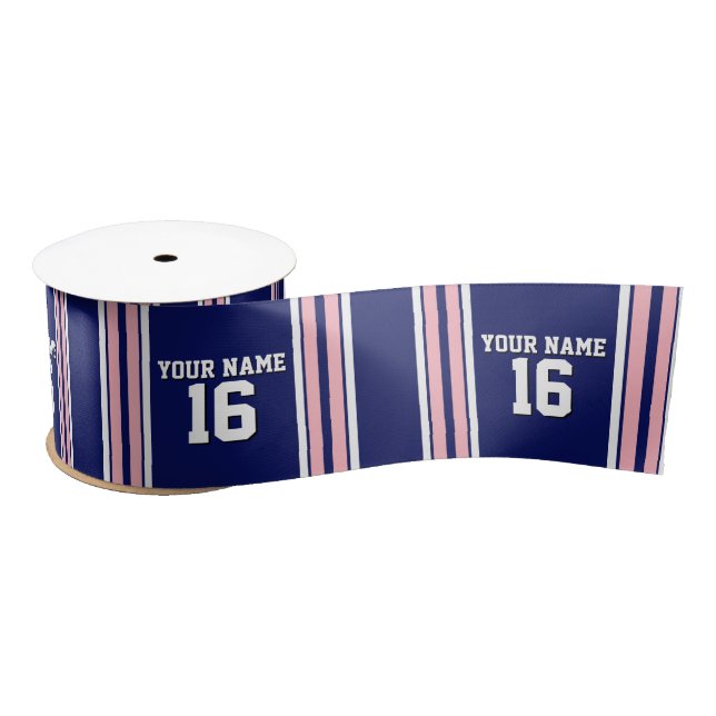 Navy Blue with Pink White Stripes Team Jersey Satin Ribbon (Spool)