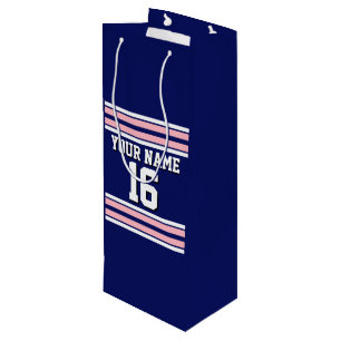 Navy Blue with Pink White Stripes Team Jersey Wine Gift Bag