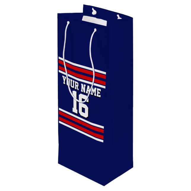 Navy Blue with Red White Stripes Team Jersey Wine Gift Bag (Back Angled)