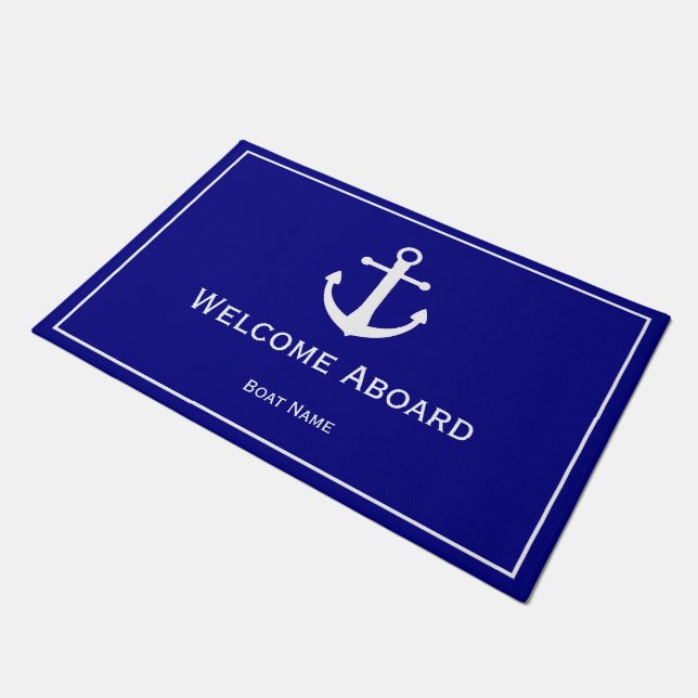 Navy Blue with White Boat Anchor | Nautical Doormat (Angled)