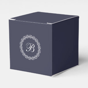 Navy Blue with  White Laurel Wreath with Monogram Favour Box